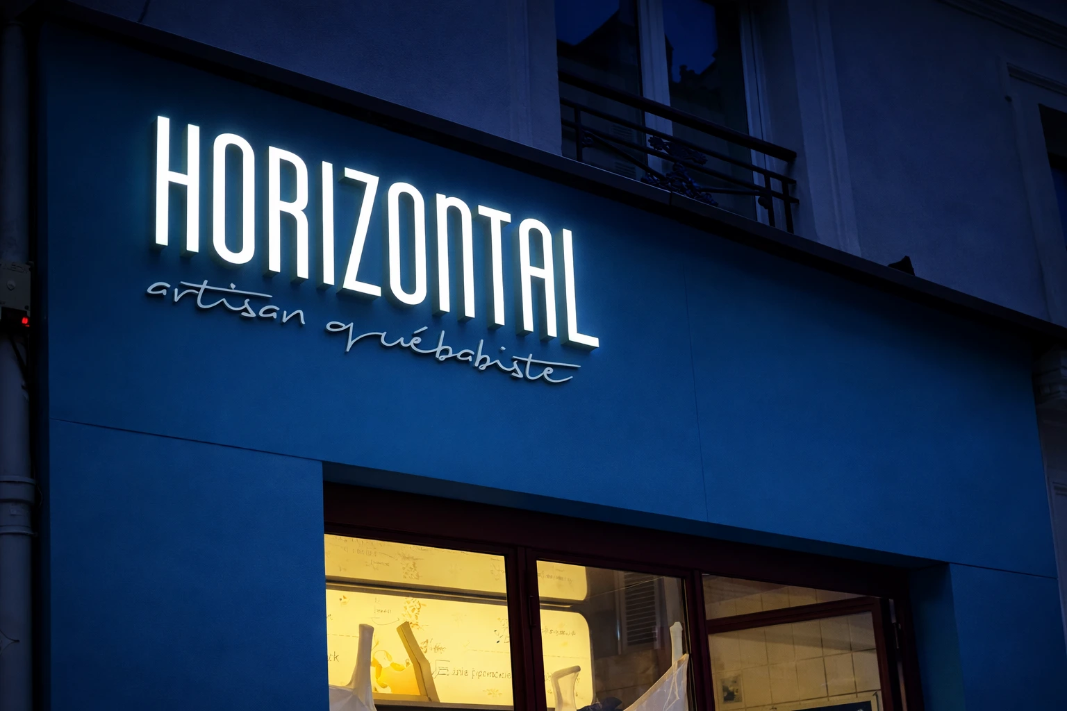 Enseigne lumineuse HORIZONTAL sur la façade d’un artisan cuisiniste