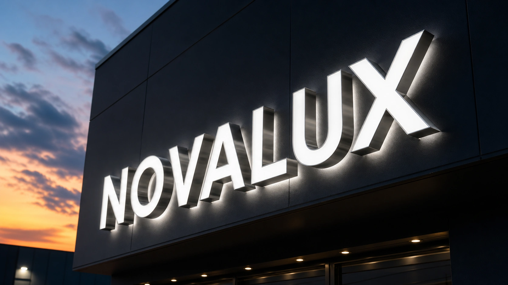 Enseigne boîtier lumineuse LED - Novalux Enseigne boîtier lumineuse LED blanche installée sur façade moderne noire