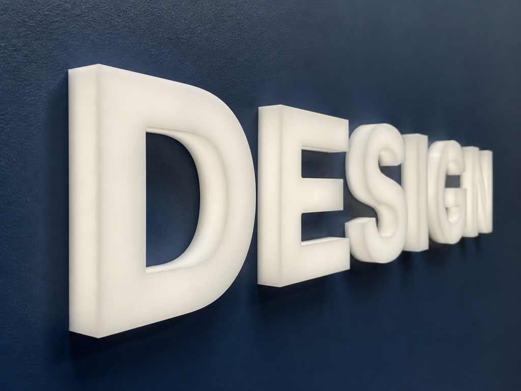 Détail du lettrage DESIGN en PMMA lumineux montrant son épaisseur Détail du lettrage DESIGN en PMMA lumineux montrant son épaisseur
