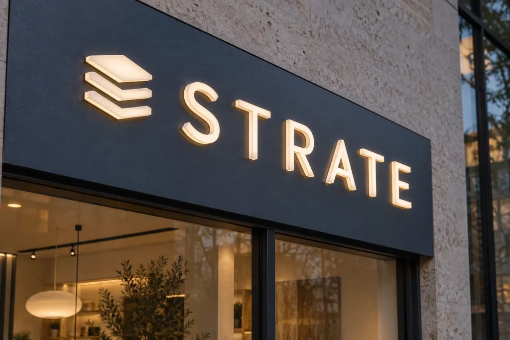 Enseigne ajourée STRATE sur panneau bleu nuit avec lettres en PMMA lumineux en relief Enseigne ajourée STRATE sur panneau bleu nuit avec lettres en PMMA lumineux en relief