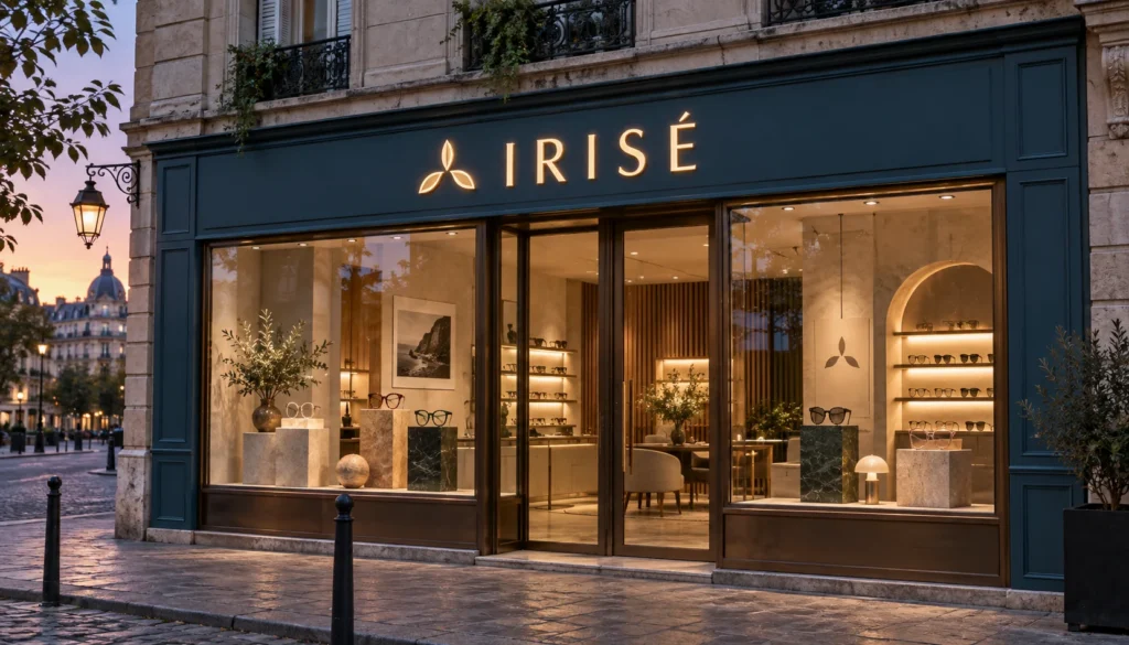 Enseigne bloc LED PMMA - Opticien IRISÉ Façade bleu pétrole IRISÉ avec logo et lettres lumineuses en PMMA