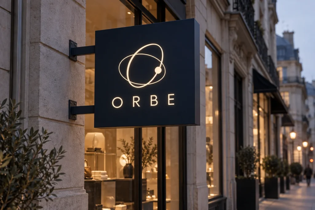 Drapeau ajouré ORBE en métal bleu nuit avec logo et lettres lumineux