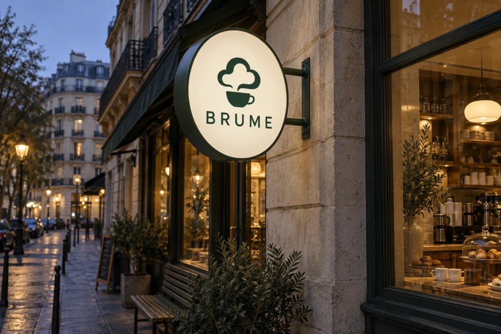 Enseigne drapeau LED ronde BRUME fixée perpendiculairement à une façade en pierre