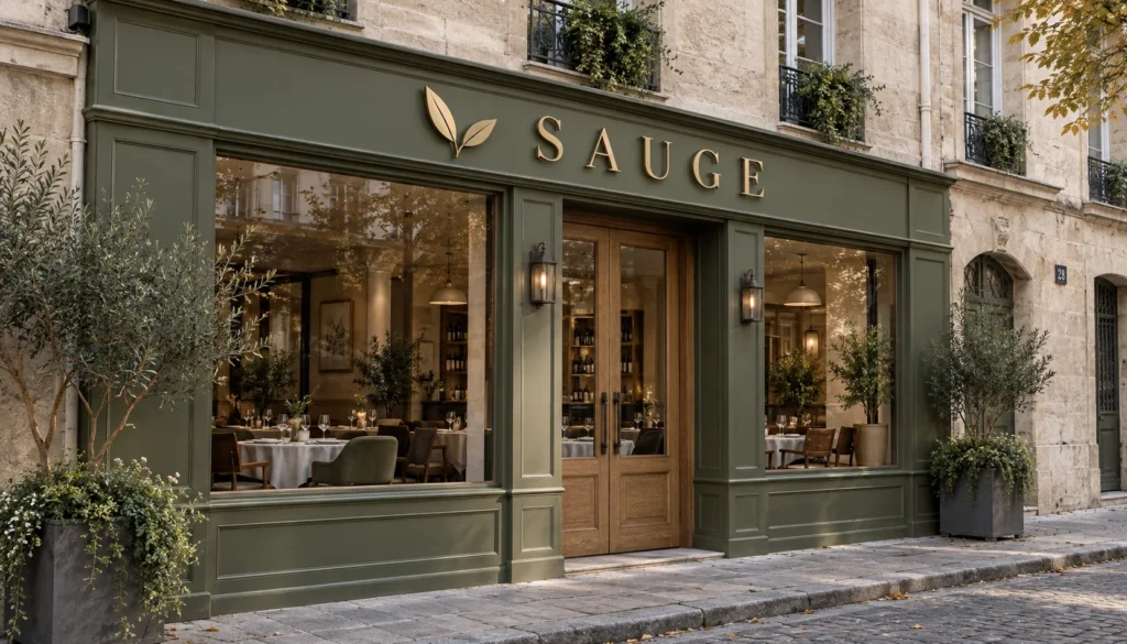 Enseigne en relief non lumineuse - Restaurant SAUGE Façade vert olive SAUGE avec logo végétal et lettres dorées en relief non lumineuses