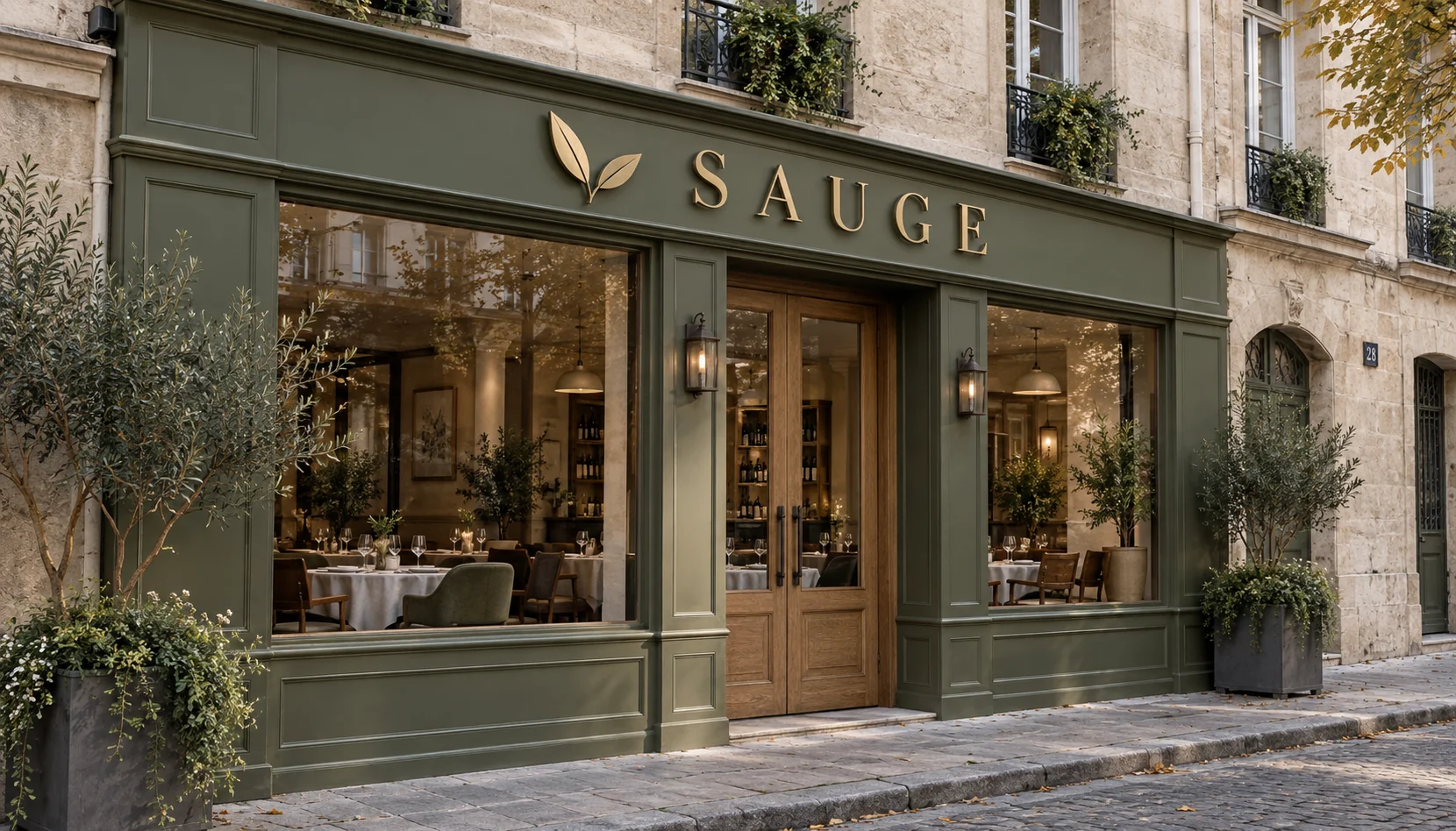 Enseigne en relief non lumineuse - Restaurant SAUGE Façade vert olive SAUGE avec logo végétal et lettres dorées en relief non lumineuses