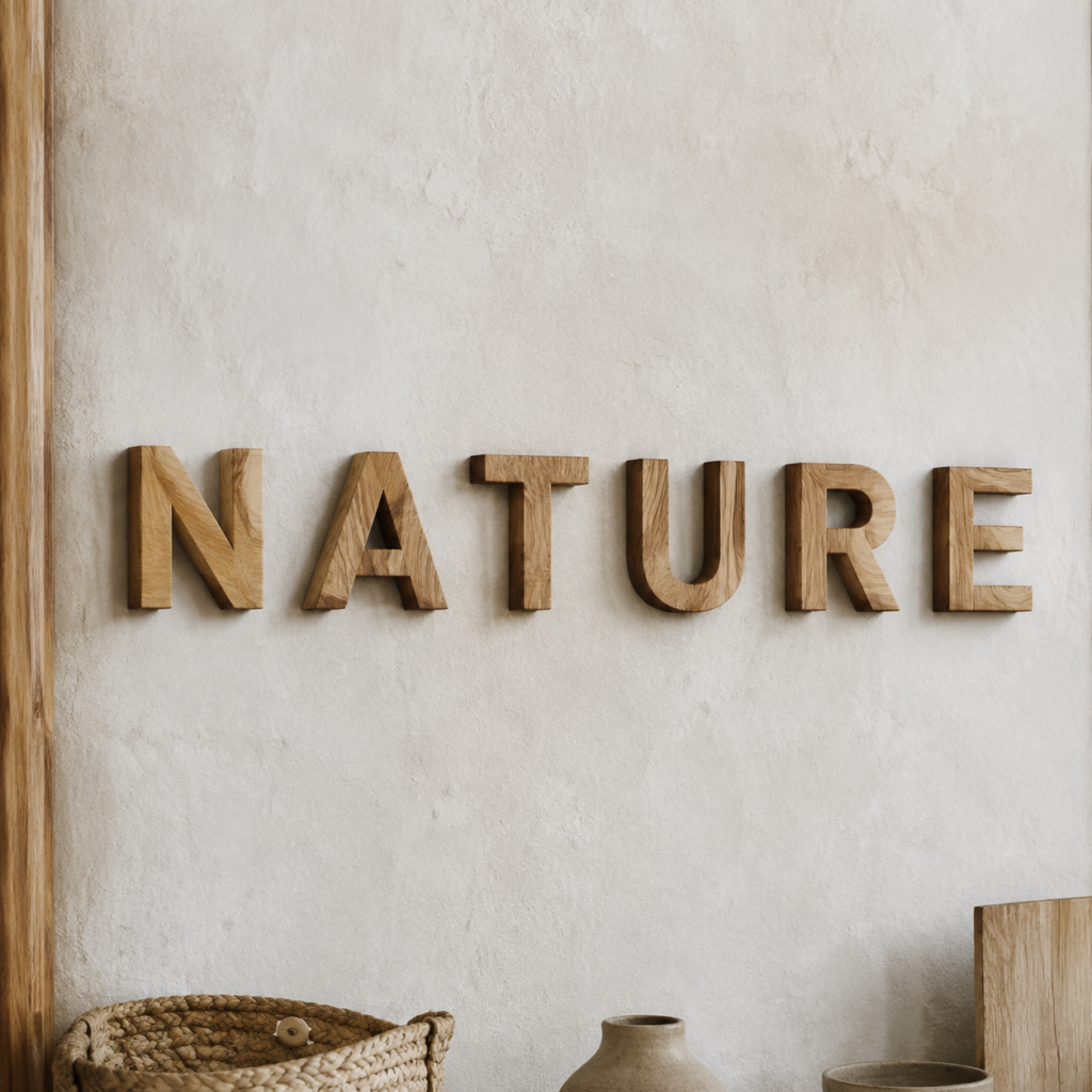 Lettres NATURE en bois naturel en relief dans une boutique