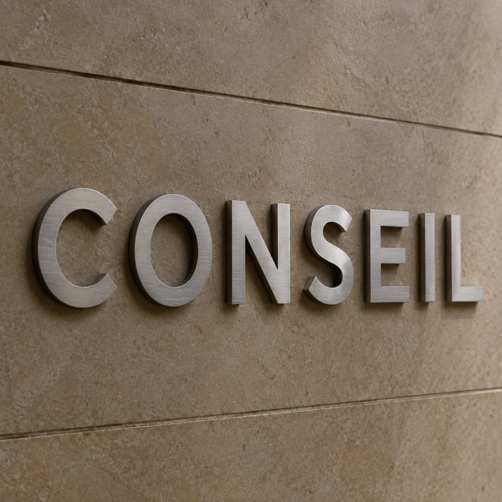 Lettres CONSEIL en inox brossé en relief sur un mur en pierre