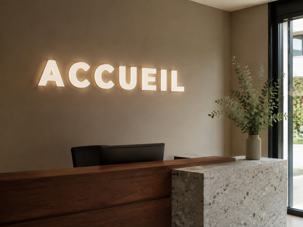 Signalétique ACCUEIL en lettres PMMA lumineuses dans une réception Signalétique ACCUEIL en lettres PMMA lumineuses dans une réception
