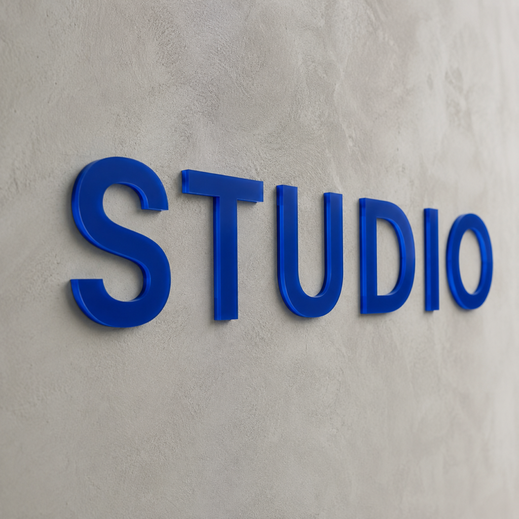 Lettrage STUDIO en PMMA bleu non lumineux sur un mur clair