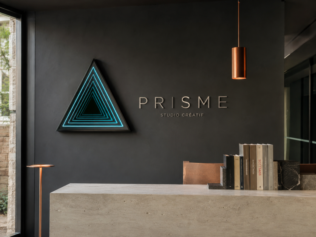 Logo triangulaire Infinity Mirror turquoise dans un accueil PRISME Logo triangulaire Infinity Mirror turquoise dans un accueil PRISME