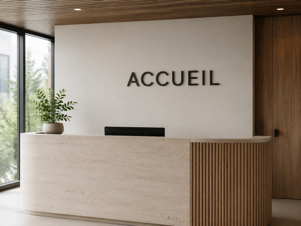 Lettres ACCUEIL non lumineuses au-dessus d’un comptoir en pierre
